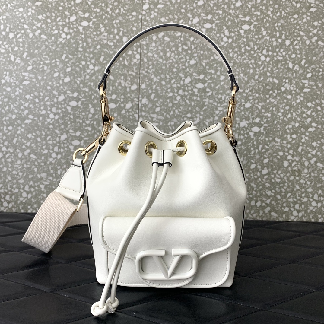 Valentino Garavani Loco Bucket Bag in Ivory Calfskin Leather